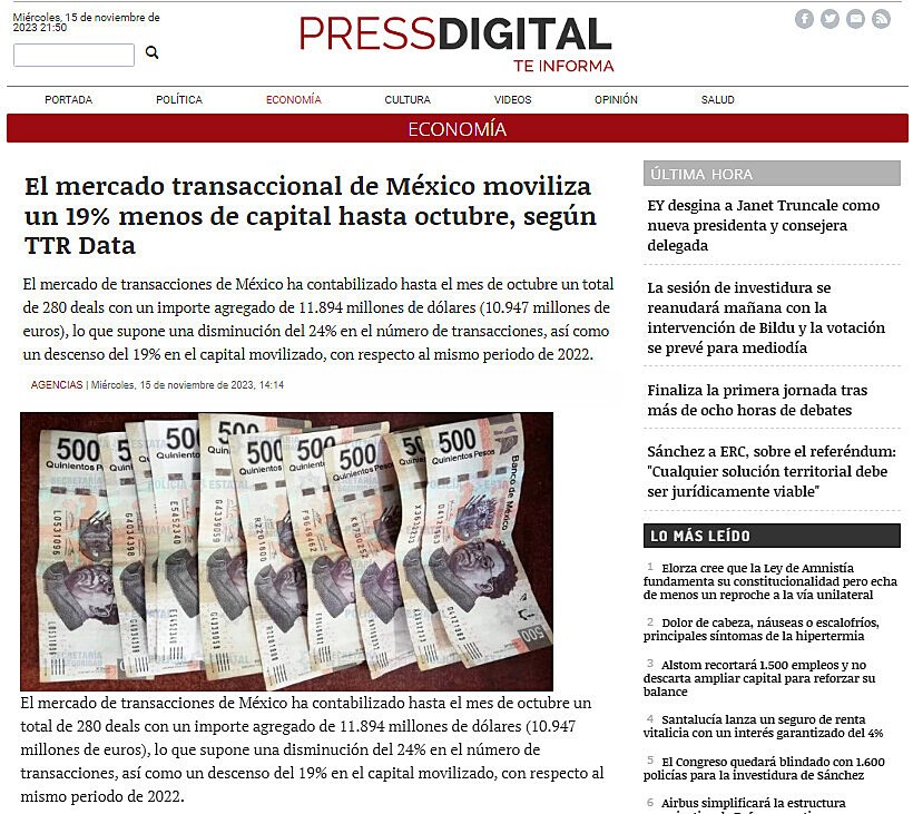 El mercado transaccional de Mxico moviliza un 19% menos de capital hasta octubre, segn TTR Data